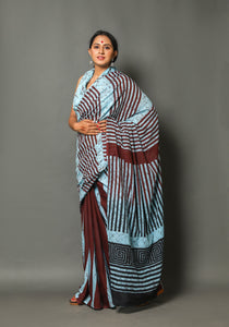 Aqua & Brown Batik Block Print Cotton Saree with Blouse