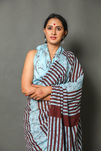 Aqua & Brown Batik Block Print Cotton Saree with Blouse