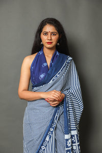 Rama Blue Lining Block Print Cotton Saree with Unstitched Blouse