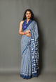Rama Blue Lining Block Print Cotton Saree with Unstitched Blouse