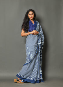 Rama Blue Lining Block Print Cotton Saree with Unstitched Blouse