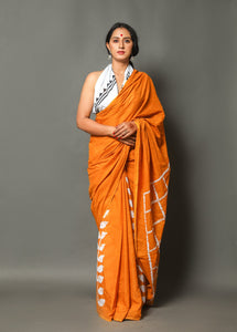 Mustard Leaf & Checks Block Print Cotton Saree with Unstitched Blouse