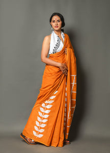 Mustard Leaf & Checks Block Print Cotton Saree with Unstitched Blouse
