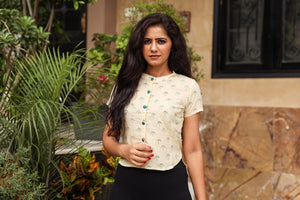 Cream Block Print Meridian Collar Shirt