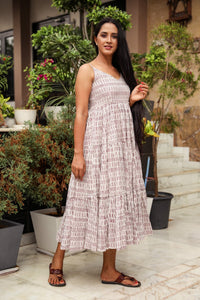 Maroon & White Geometric Block Print Tyre Dress