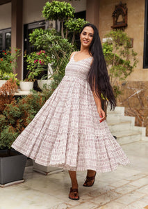 Maroon & White Geometric Block Print Tyre Dress