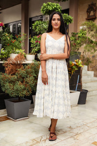 Blue & White Geometric Block Print Tyre Dress