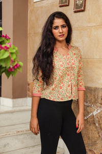 Cream & Green Jaal Block Print Top