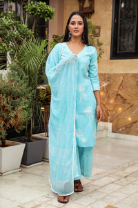 Sky Blue Discharge Butta Print Cotton Suit Set