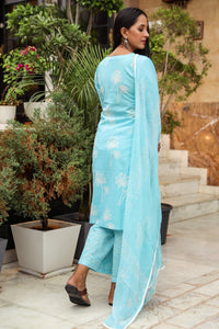Sky Blue Discharge Butta Print Cotton Suit Set