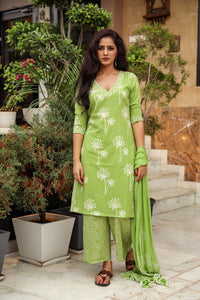 Green Discharge Butta Print Cotton Suit Set
