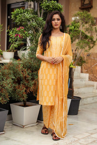 Mustard Discharge Tree Butti Print Cotton Suit Set