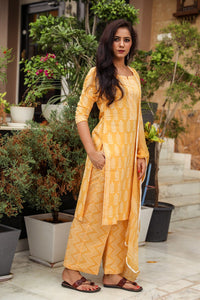 Mustard Discharge Tree Butti Print Cotton Suit Set