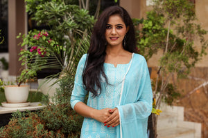 Turquoise Discharge Tree Butti Print Cotton Suit Set