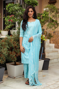 Turquoise Discharge Tree Butti Print Cotton Suit Set