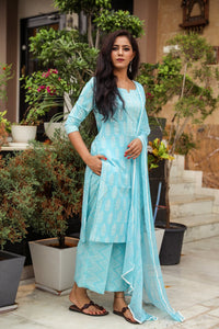 Turquoise Discharge Tree Butti Print Cotton Suit Set