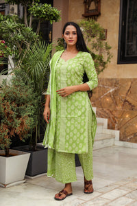 Green Discharge Butti Print Cotton Suit Set