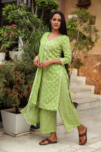 Green Discharge Butti Print Cotton Suit Set