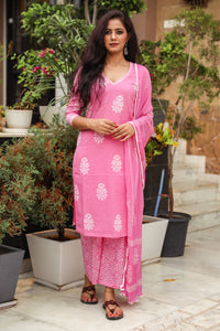 Pink Discharge Butta Print Cotton Suit Set