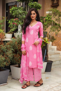 Pink Discharge Butta Print Cotton Suit Set