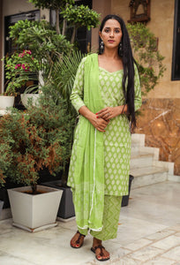 Green Discharge Butti Print Cotton Suit Set