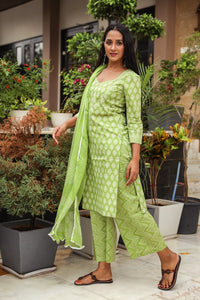 Green Discharge Butti Print Cotton Suit Set
