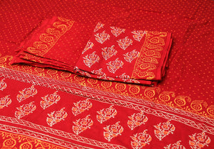 Red Naphtol Block Butti Printed Cotton Unstitched Salwar Suit Material