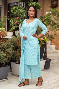 Sky Blue Discharge Butti Print Cotton Suit Set