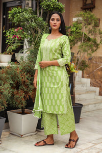 Green Discharge Tree Butti Print Cotton Suit Set