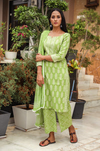 Green Discharge Tree Butti Print Cotton Suit Set