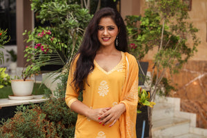 Yellow Discharge Butta Print Cotton Suit Set