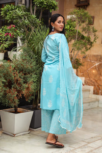 Sky Blue Discharge Butta Print Cotton Suit Set