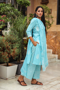 Sky Blue Discharge Butta Print Cotton Suit Set