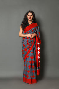 Grey & Red Block Print Mul Cotton Saree with Unstitched Blouse