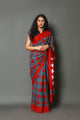 Grey & Red Block Print Mul Cotton Saree with Unstitched Blouse