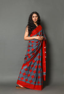 Grey & Red Block Print Mul Cotton Saree with Unstitched Blouse