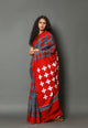 Grey & Red Block Print Mul Cotton Saree with Unstitched Blouse