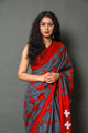 Grey & Red Block Print Mul Cotton Saree with Unstitched Blouse
