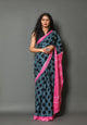 Grey & Black Block Print Mul Cotton Saree with Unstitched Blouse