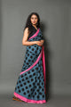 Grey & Black Block Print Mul Cotton Saree with Unstitched Blouse