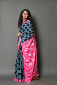 Grey & Black Block Print Mul Cotton Saree with Unstitched Blouse