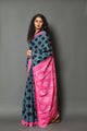 Grey & Black Block Print Mul Cotton Saree with Unstitched Blouse
