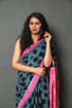 Grey & Black Block Print Mul Cotton Saree with Unstitched Blouse