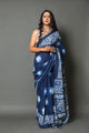 Blue Box Block Batik Print Mul Cotton Saree with Unstitched Blouse