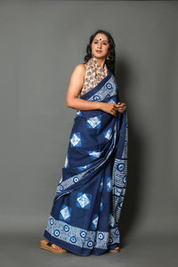 Blue Box Block Batik Print Mul Cotton Saree with Unstitched Blouse