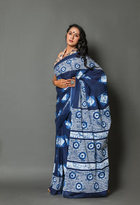 Blue Box Block Batik Print Mul Cotton Saree with Unstitched Blouse