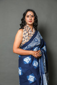 Blue Box Block Batik Print Mul Cotton Saree with Unstitched Blouse