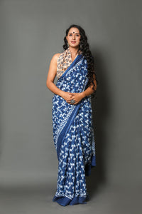 Indigo Tree Block Butti Print Mul Cotton Saree with Unstitched Blouse