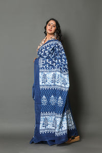 Indigo Tree Block Butti Print Mul Cotton Saree with Unstitched Blouse