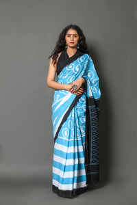 Aqua Blue Strip & Circle Block Print Mul Cotton Saree with Unstitched Blouse